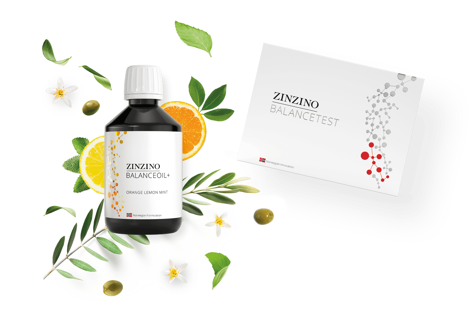 Flacon BalanceOil+ et coffret BalanceTest Zinzino, avec agrumes et feuilles d’olivier
