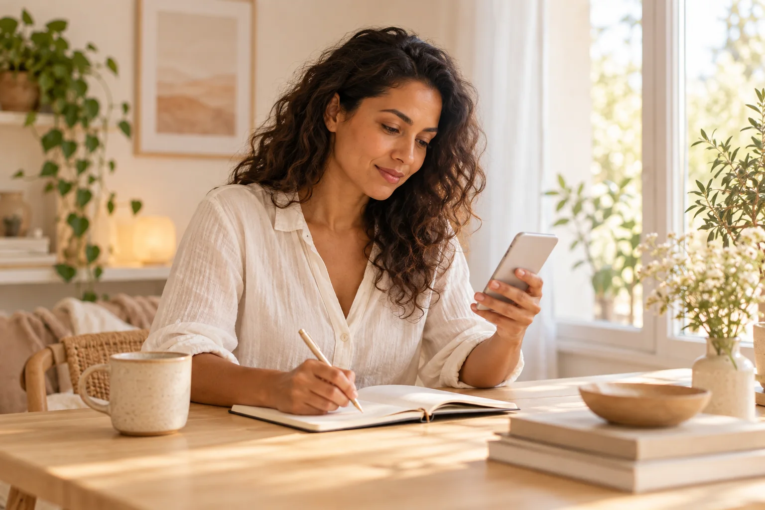 Illustration photographique d’une personne travaillant avec un téléphone et un carnet