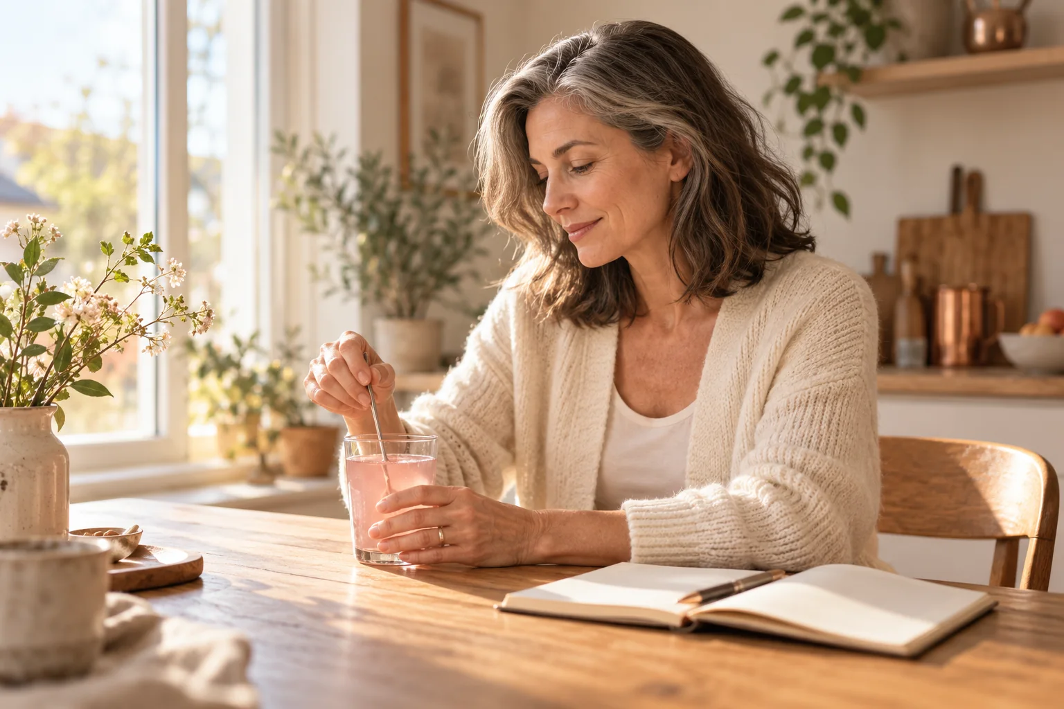 Illustration photographique d’une adulte mélangeant une boisson à la maison