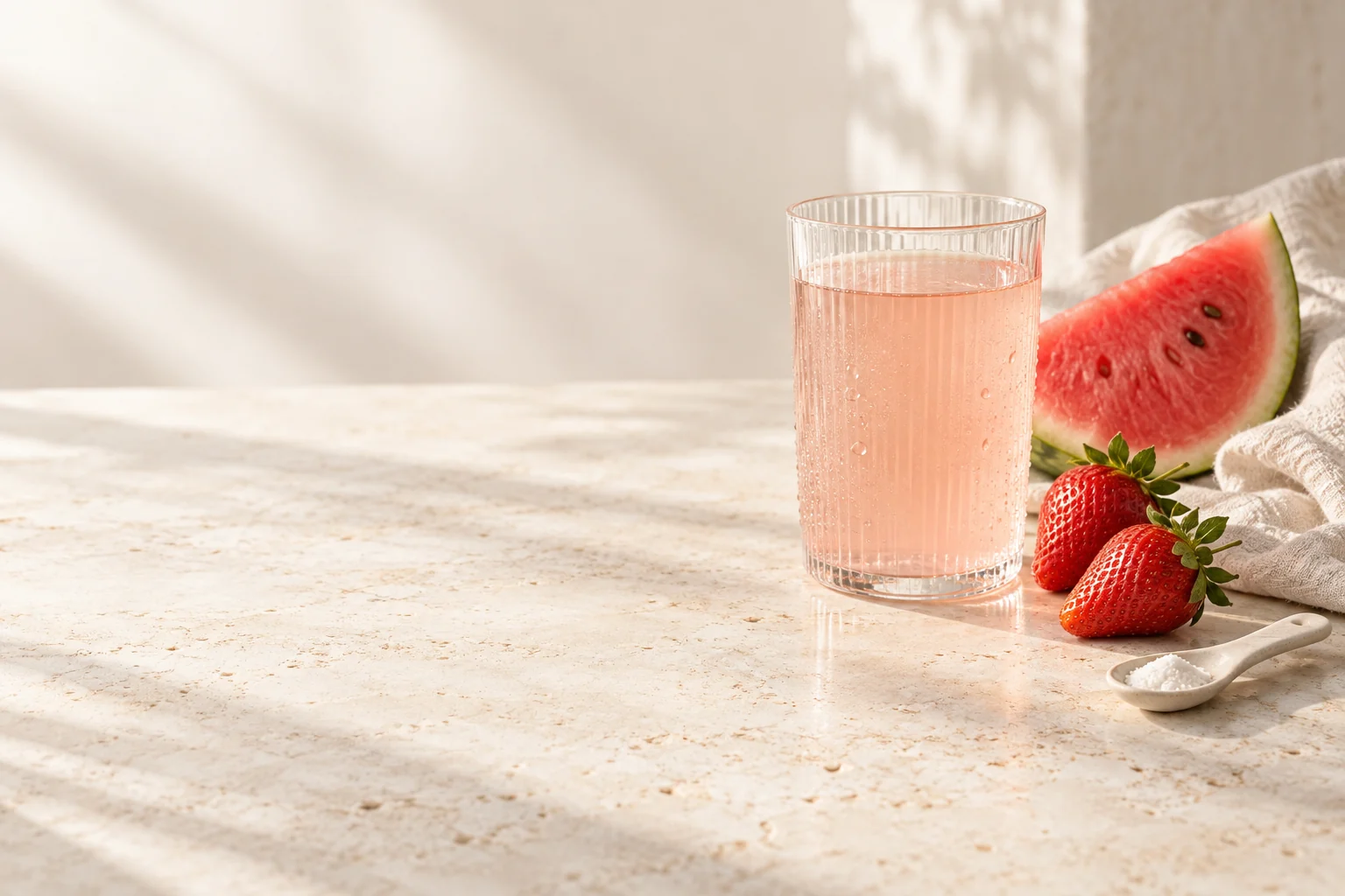 Illustration photographique d’un verre légèrement rosé, de melon d’eau et de fraises