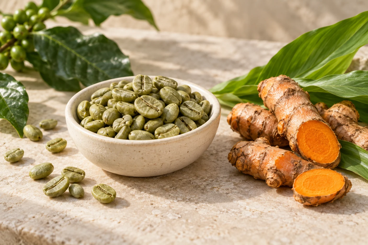 Illustration photographique de grains de café vert et de racines de curcuma